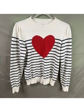 J.Crew Womens S Navy Stripe Red Heart Knit Sweater